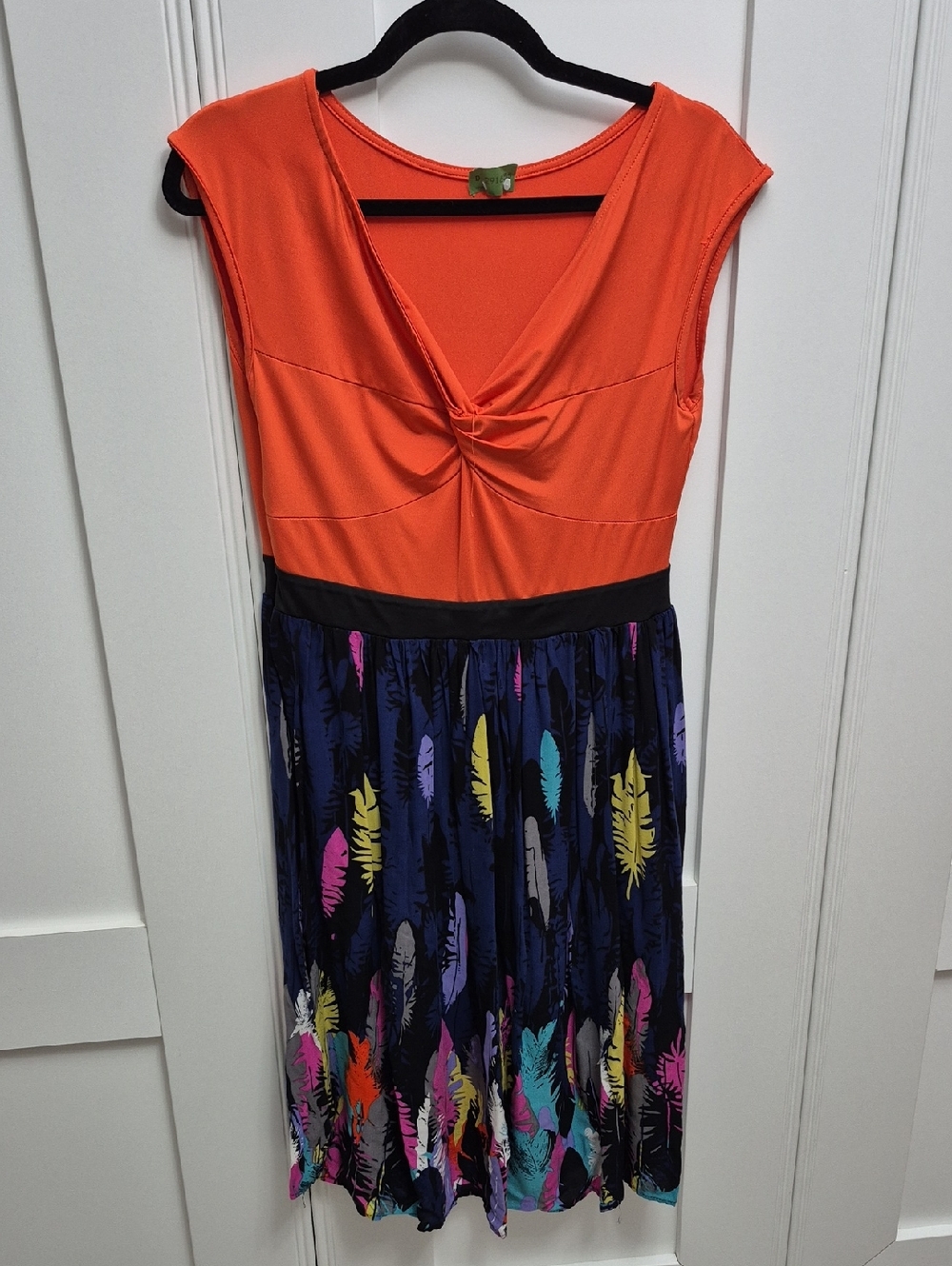 Orange Twist-Front Women’s Dress with Multicolor Feather Skirt